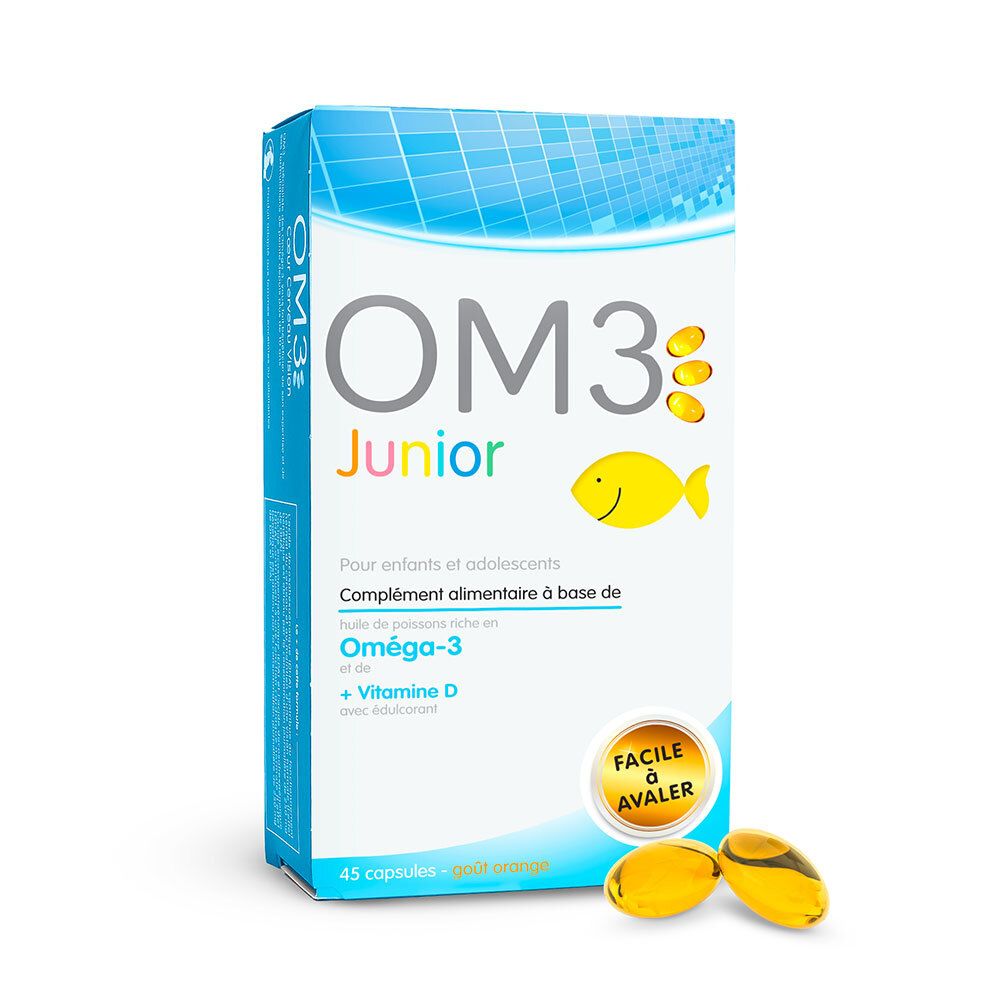 Boîte OM3 Junior avec 45 capsules. Inscription « Facile à avaler ». Capsules jaunes à côté.