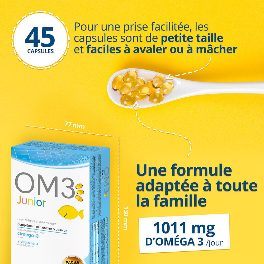 Capsules jaunes sur une cuillère. Boîte OM3 Junior. Dimensions : 77 mm x 130 mm. Texte : 1011 mg D'OMÉGA 3 / jour.