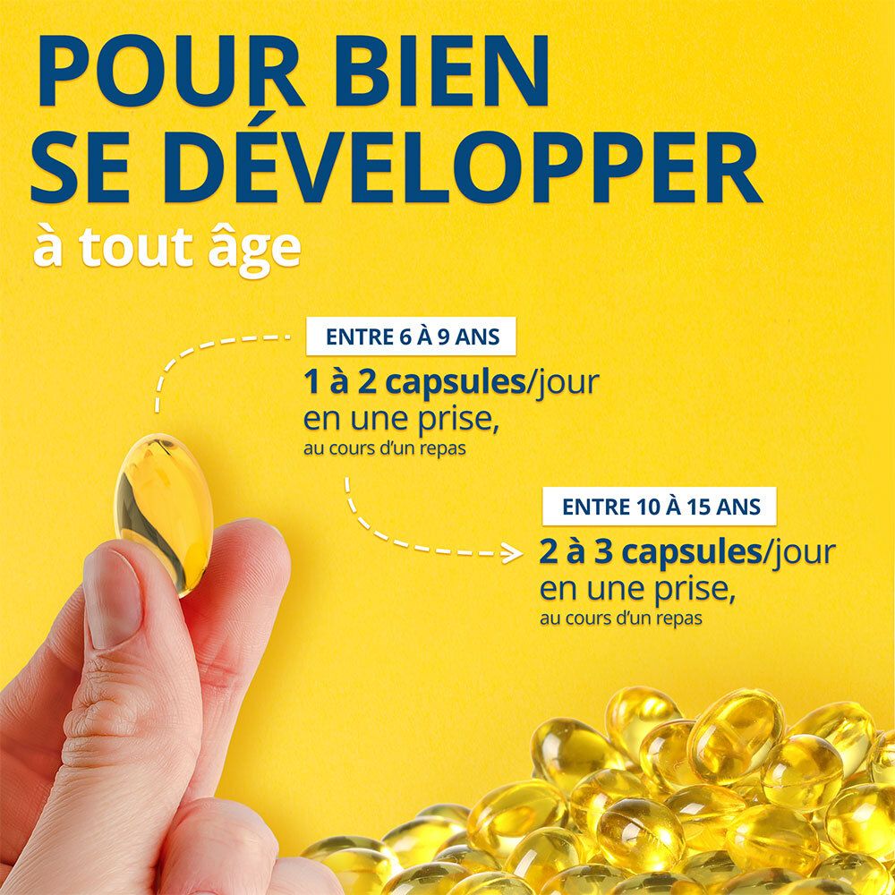 Main tenant une capsule. Texte : 1 à 2 capsules/jour pour 6-9 ans. 2 à 3 capsules/jour pour 10-15 ans.