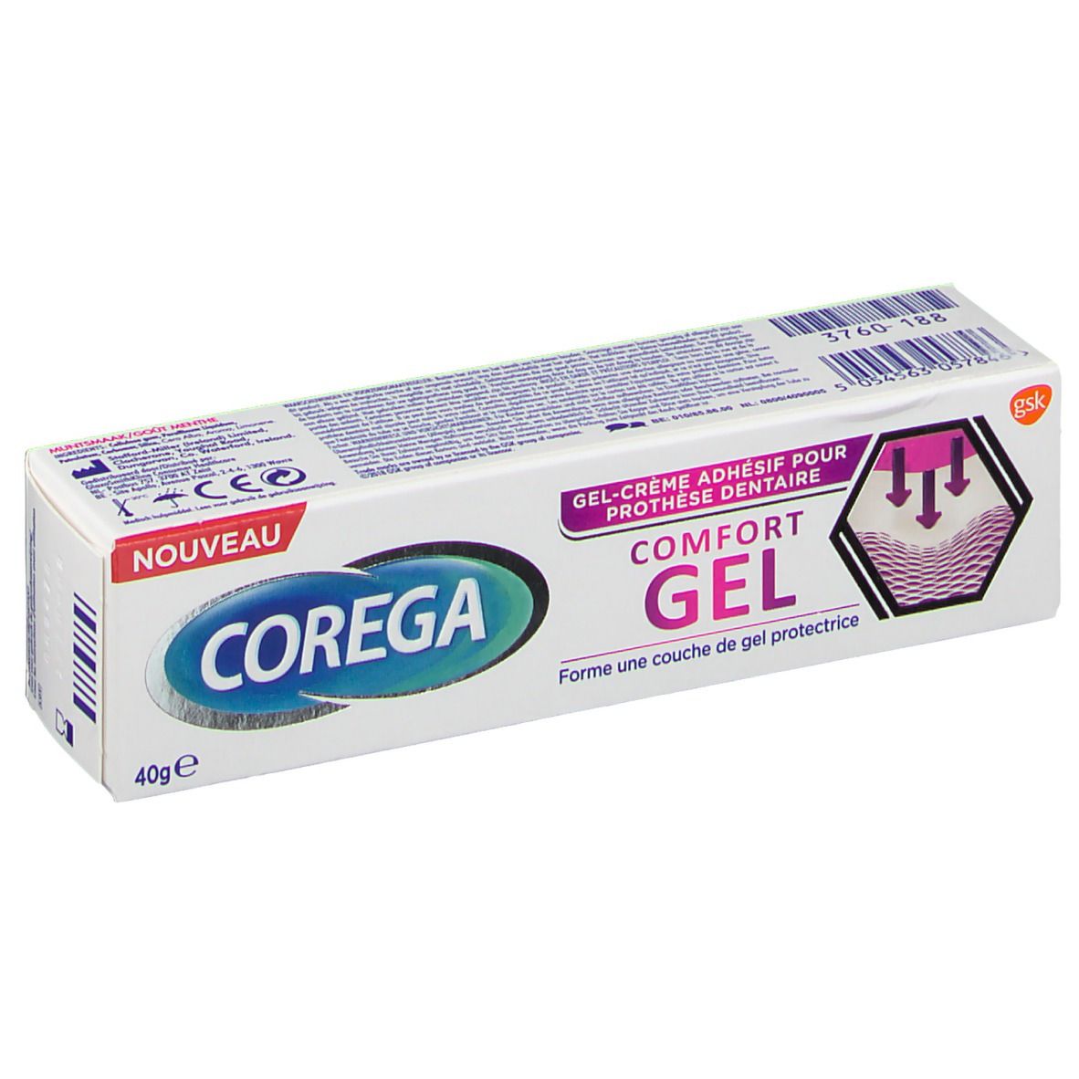 Weiße Schachtel mit COREGA-Logo und Produktbezeichnung. Text: Komfort Gel. 40g. Aufdruck: Gel-Creme für Zahnersatz.