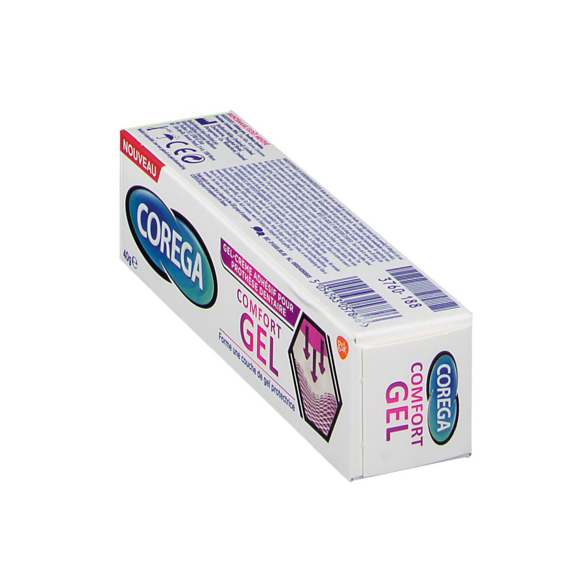 Schachtel COREGA Comfort Gel, weiß, schräg. Text: Komfort Gel. Aufdruck: Gel-Creme für Zahnersatz. Logo und Text in Lila.