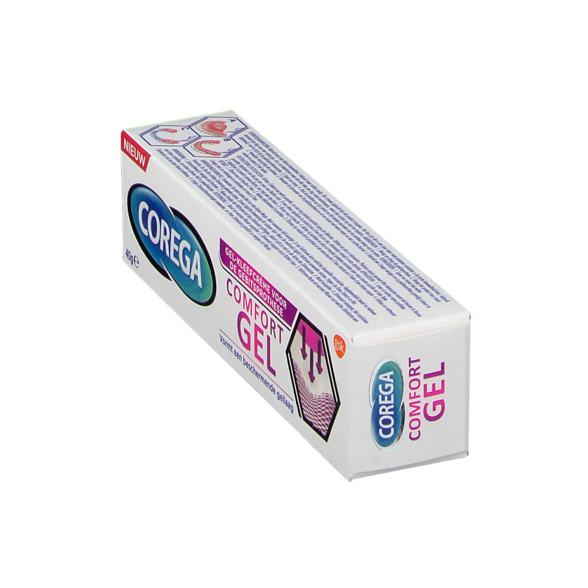 Schachtel COREGA Comfort Gel, schräg. Text: Komfort Gel. Aufdruck: Gel-Creme für Zahnersatz. Logo und Text in Lila.