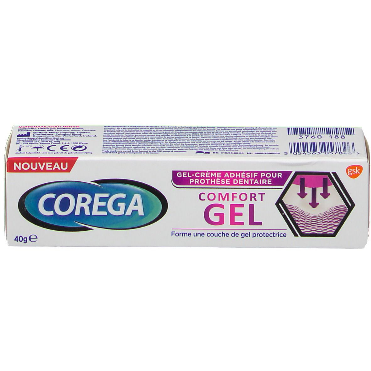 Weiße Schachtel COREGA Comfort Gel. Text: Komfort Gel. Aufdruck: Gel-Creme für Zahnersatz. Logo und Text in Lila.