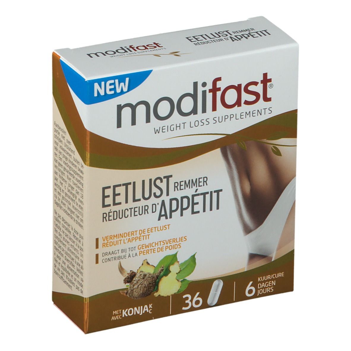 Boîte de modifast® Appetitzügler. Inscription: Eetlust Remmer, Reducteur d'Appétit. Contient 36 gélules. Cure de 6 jours.