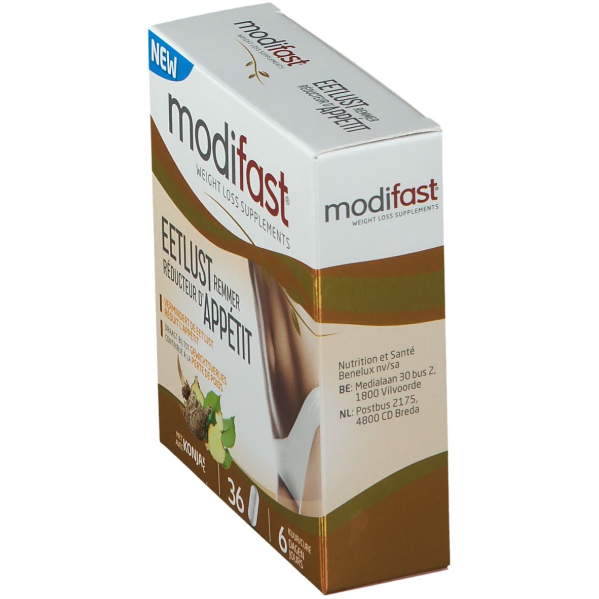 Boîte de modifast® Appetitzügler. Inscription: Eetlust Remmer, Reducteur d'Appétit. Contient 36 gélules. Cure de 6 jours.