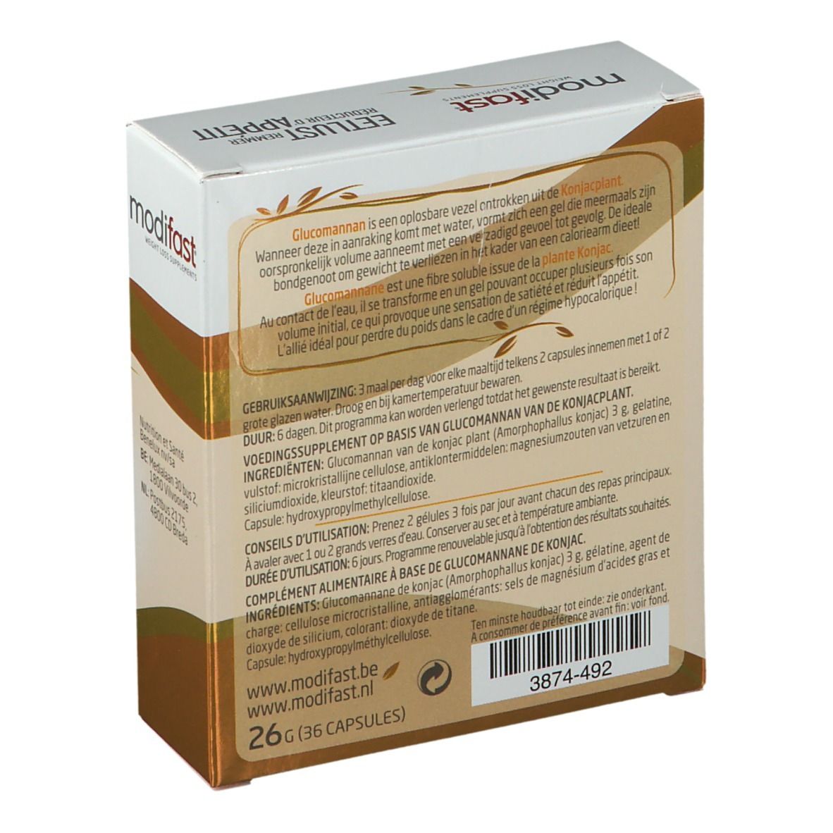 Dos de la boîte de modifast® Appetitzügler. Contient des informations sur les ingrédients et l'utilisation. 26g (36 gélules).
