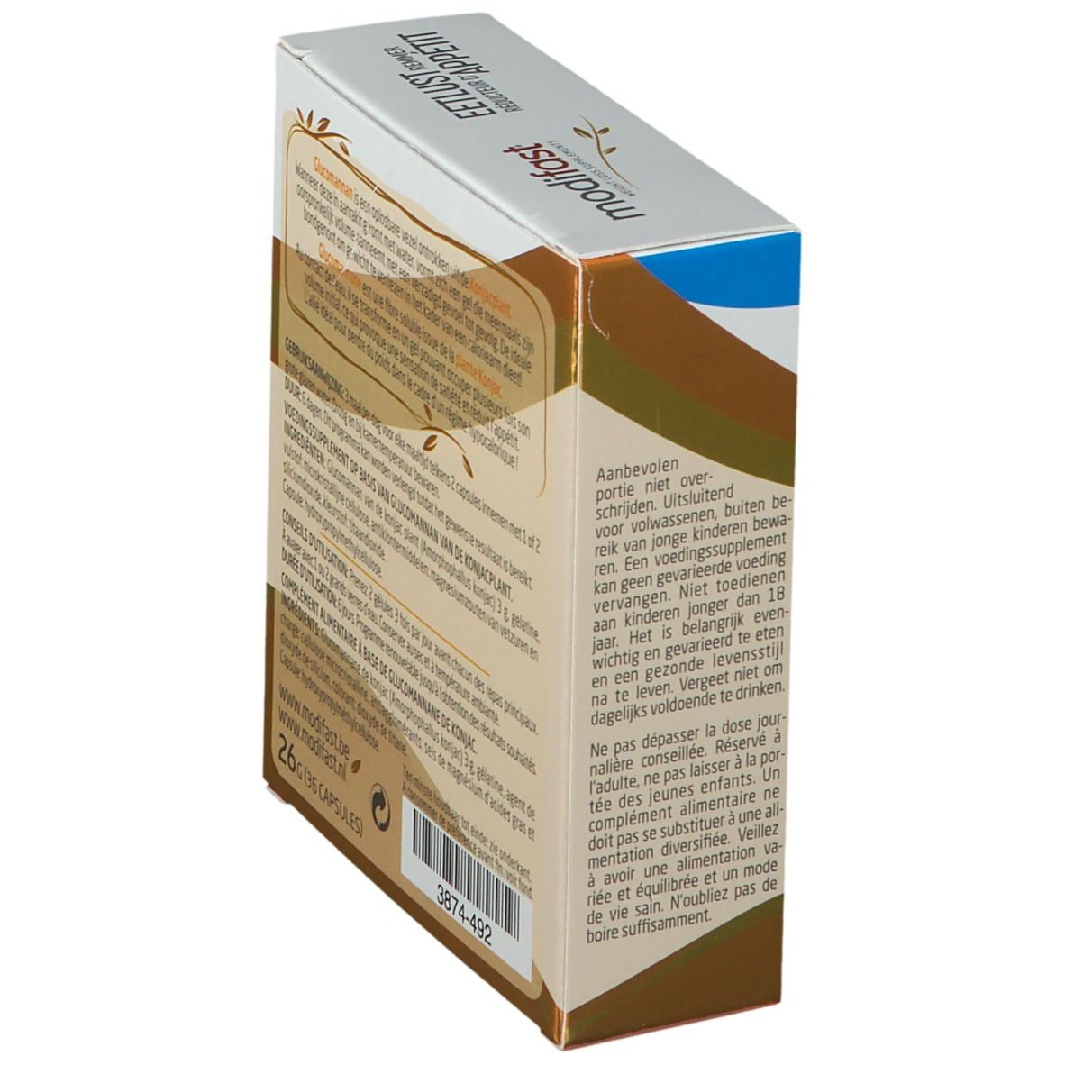 Dos de la boîte de modifast® Appetitzügler. Contient des informations sur les ingrédients et l'utilisation. 26g (36 gélules).