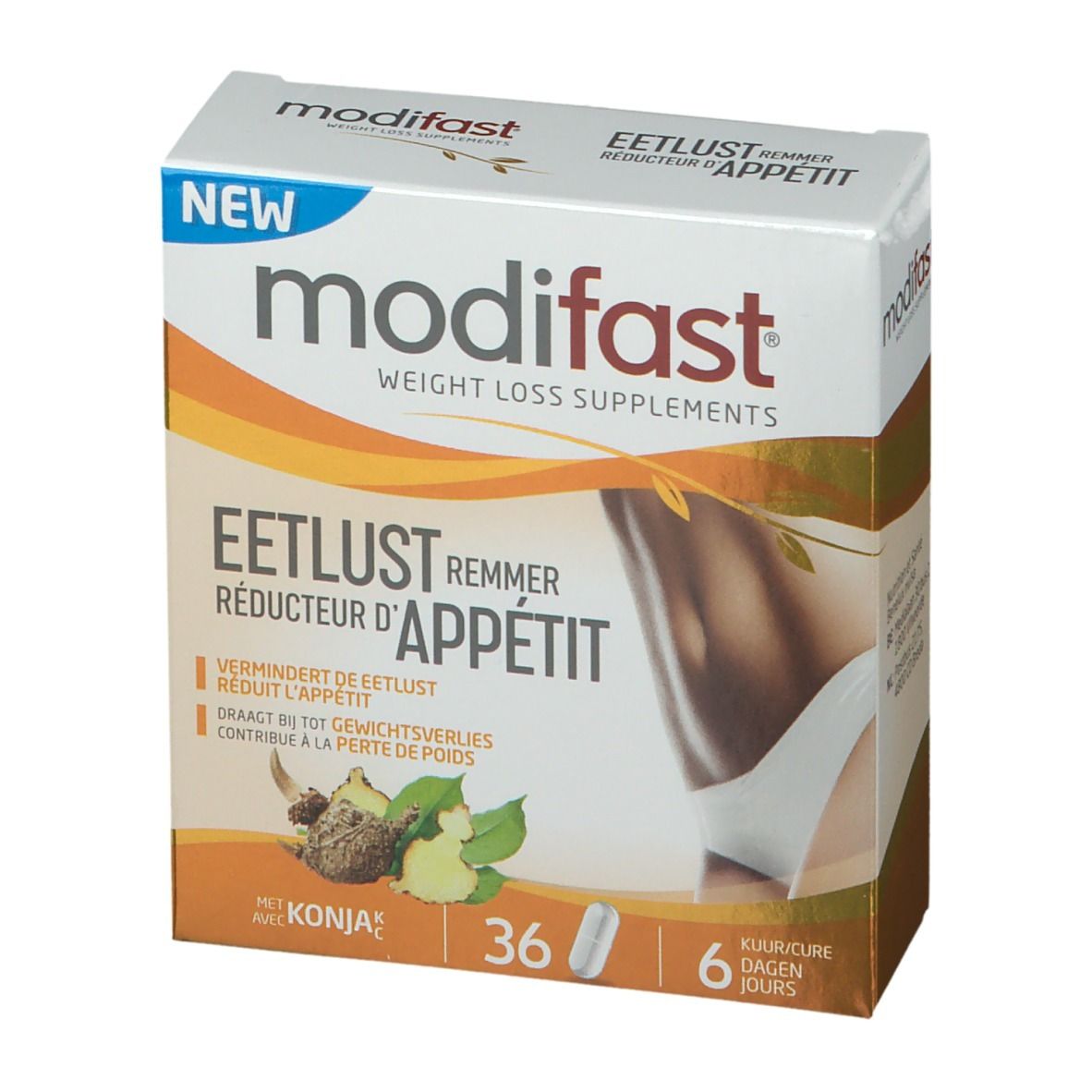 Boîte de modifast® Appetitzügler. Inscription: Eetlust Remmer, Reducteur d'Appétit. Contient 36 gélules. Cure de 6 jours.