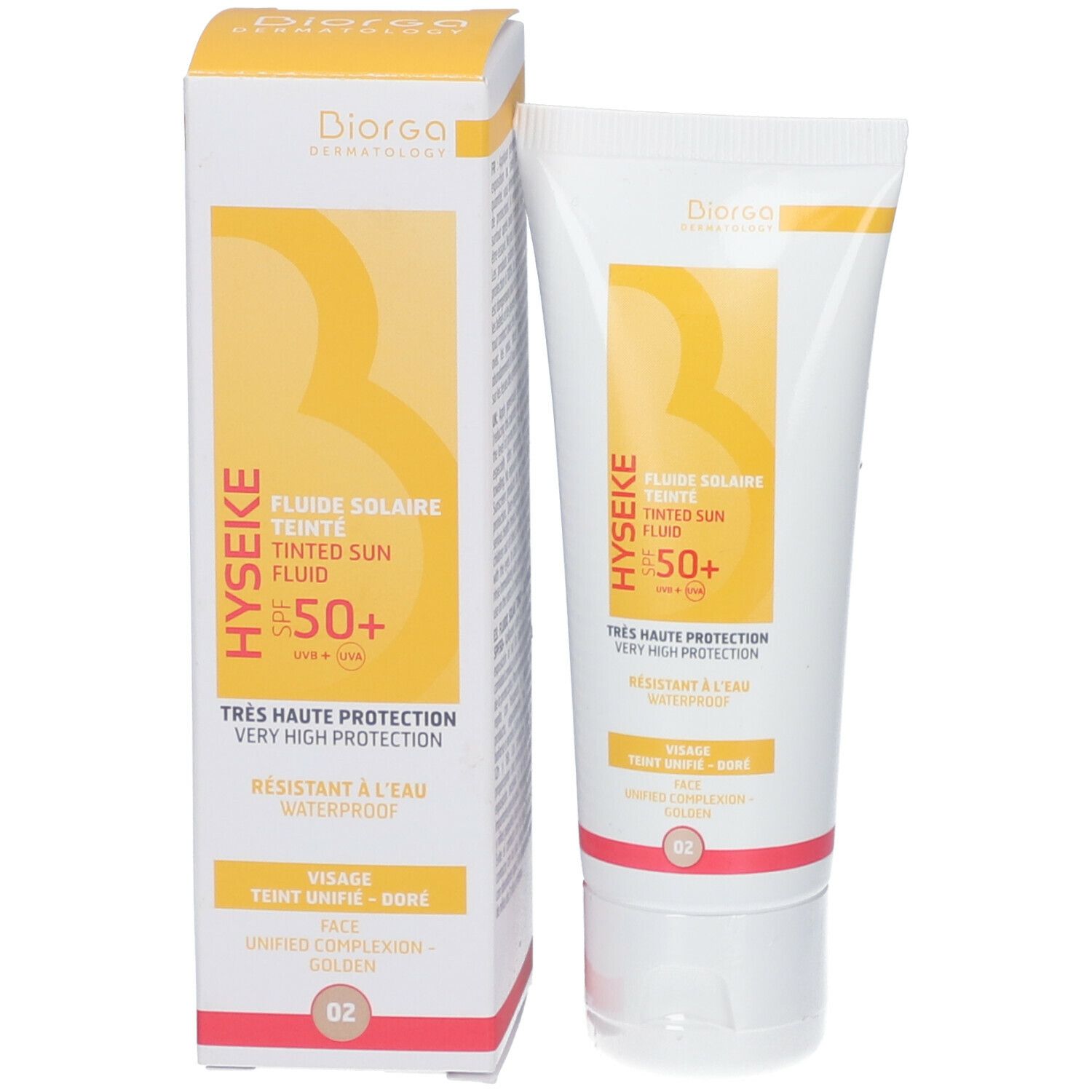 Tube et boîte de fluide solaire teinté SPF 50+, 02 Bronze. Emballage jaune et blanc. Marque Hyseke visible.