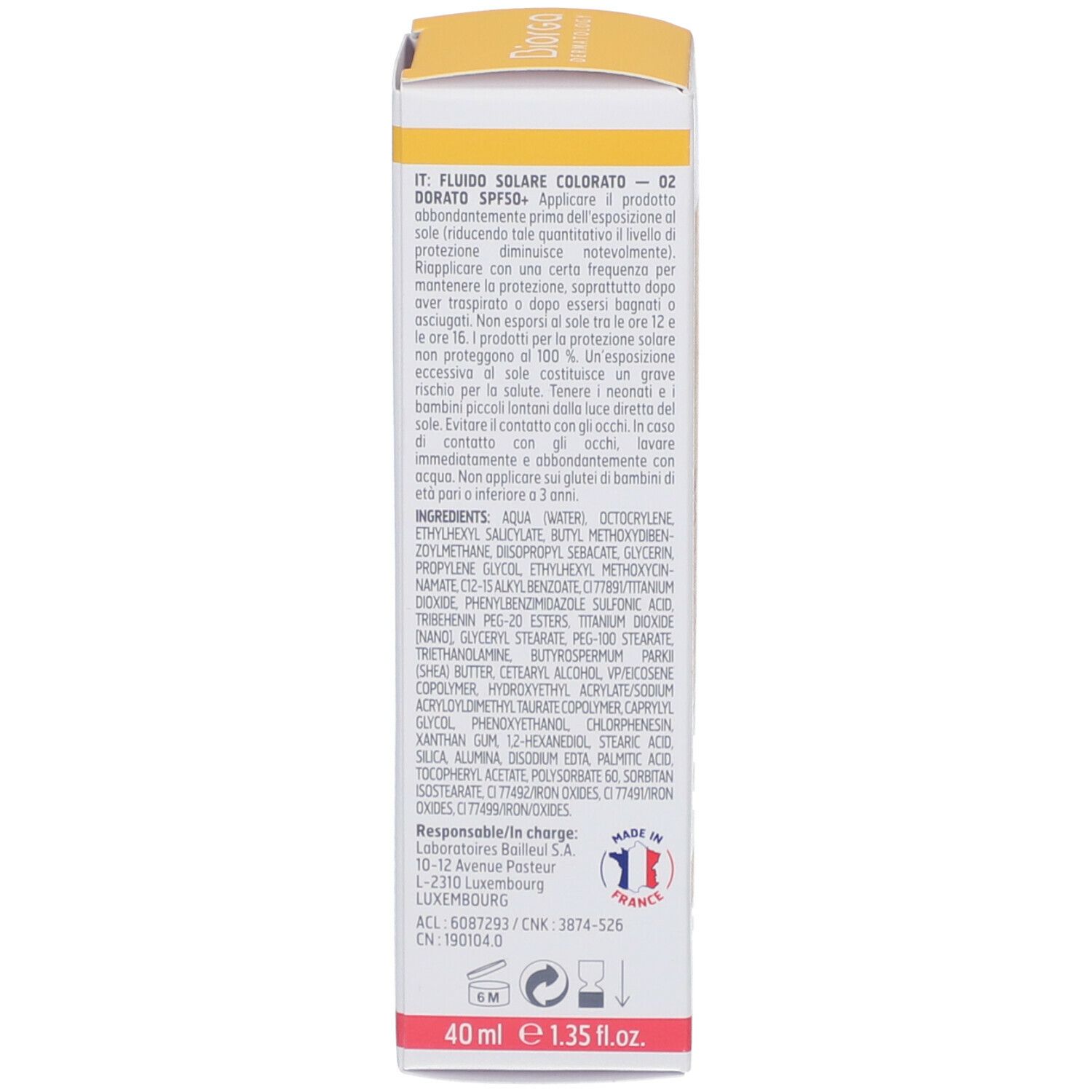 Dos de la boîte avec ingrédients et instructions. Texte en italien. Contient des informations sur le produit.