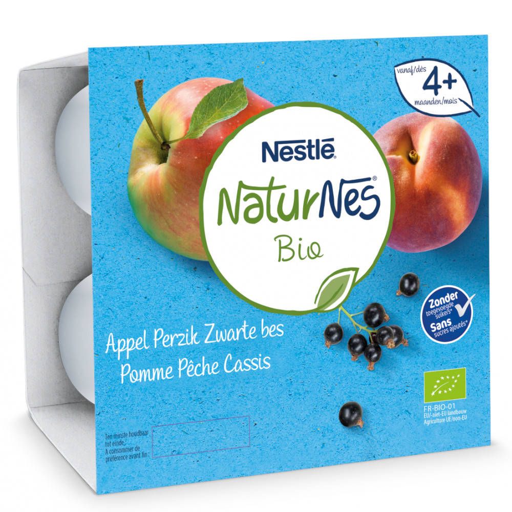 Emballage de 4 pots Nestlé NaturNes Bio Pomme-Pêche-Cassis. Illustration de fruits et logo. Label bio.