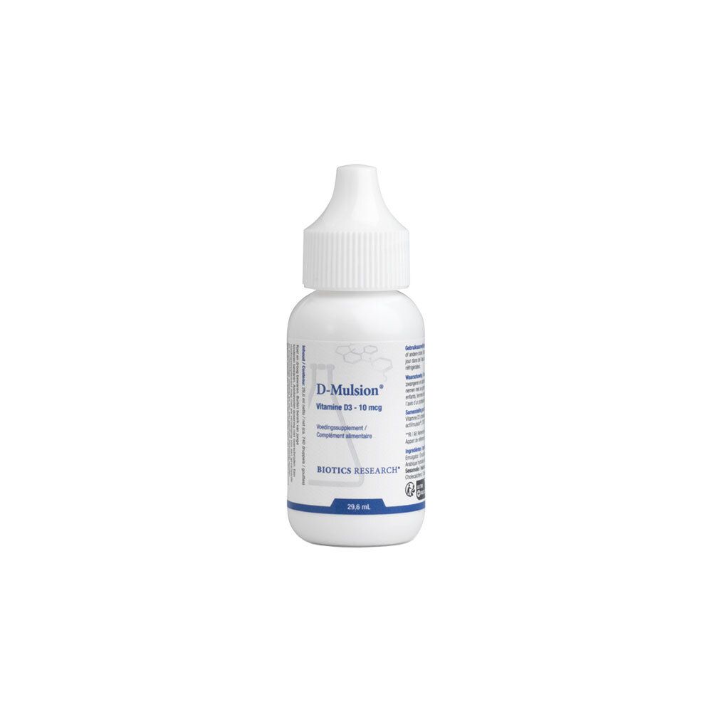 Flacon blanc avec compte-gouttes. Inscription : D-Mulsion, Vitamine D3 - 10 mcg, Biotics Research. 29,6 ml.