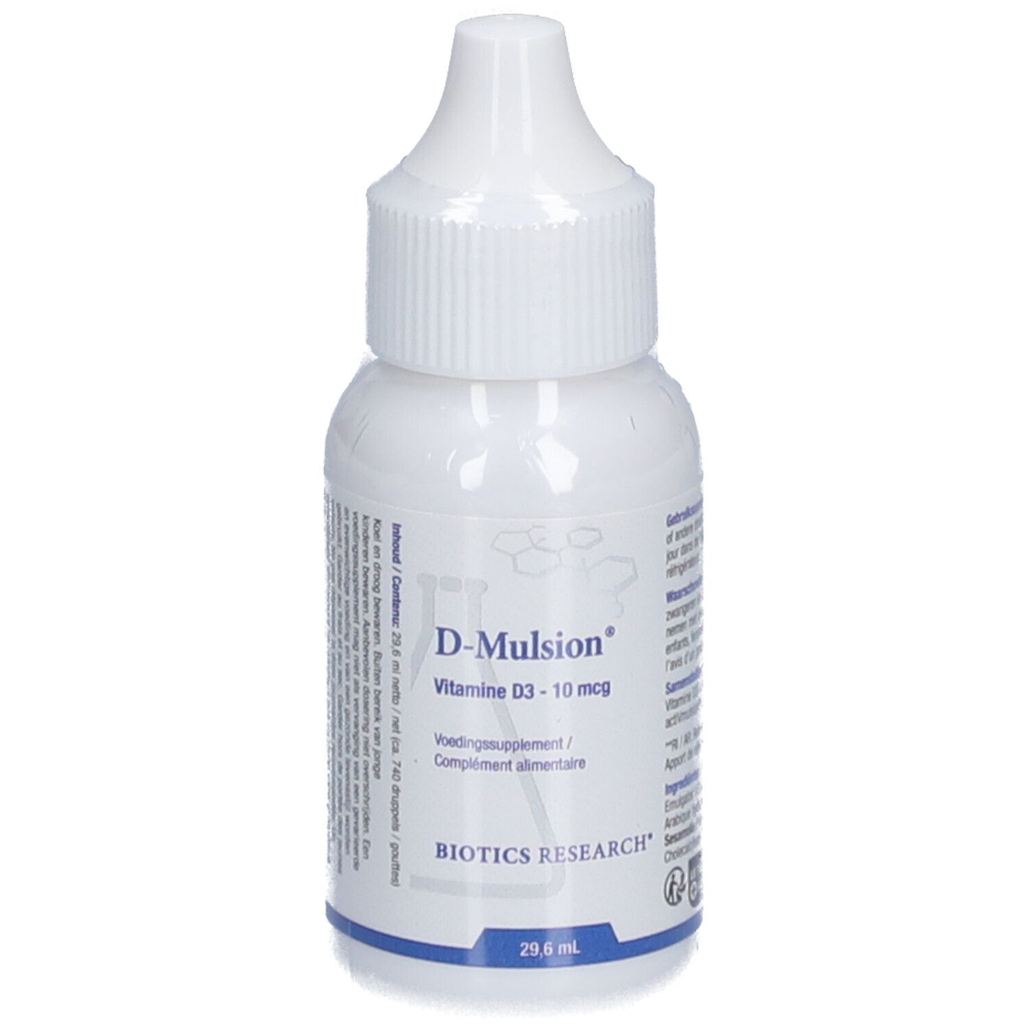 Flacon blanc avec compte-gouttes. Inscription : D-Mulsion, Vitamine D3 - 10 mcg, Biotics Research. 29,6 ml.