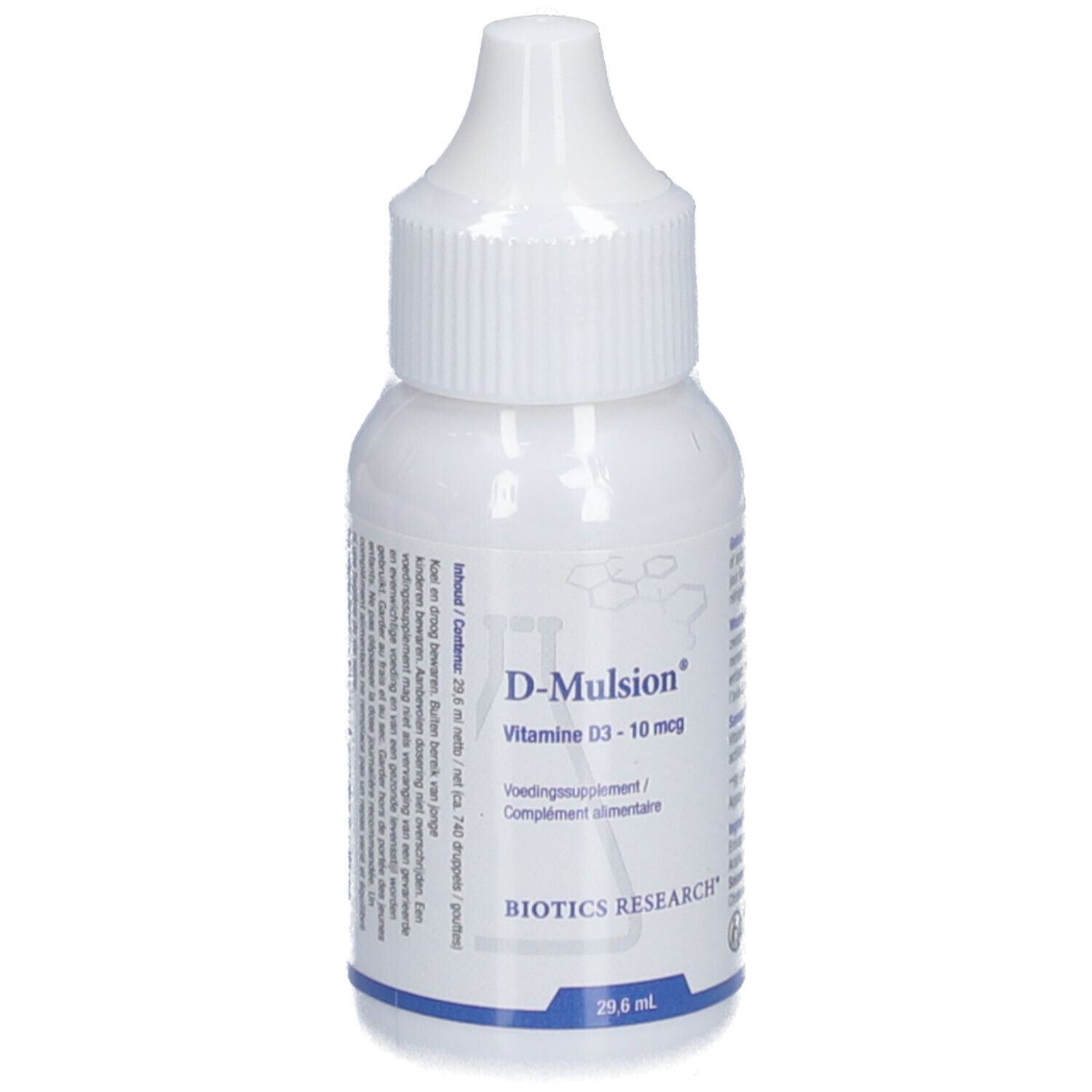 Flacon blanc avec compte-gouttes. Inscription : D-Mulsion, Vitamine D3 - 10 mcg, Biotics Research. 29,6 ml.