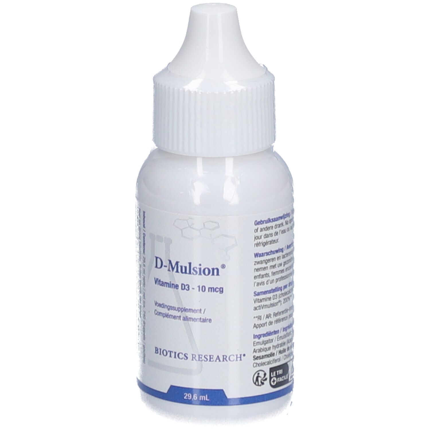Flacon blanc avec compte-gouttes. Inscription : D-Mulsion, Vitamine D3 - 10 mcg, Biotics Research. 29,6 ml.