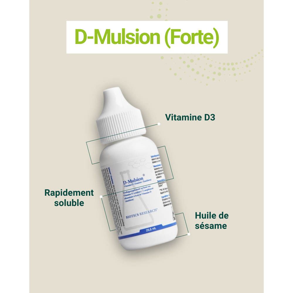 Image du produit avec texte. D-Mulsion (Forte). Inscriptions : Vitamine D3, rapidement soluble, huile de sésame.