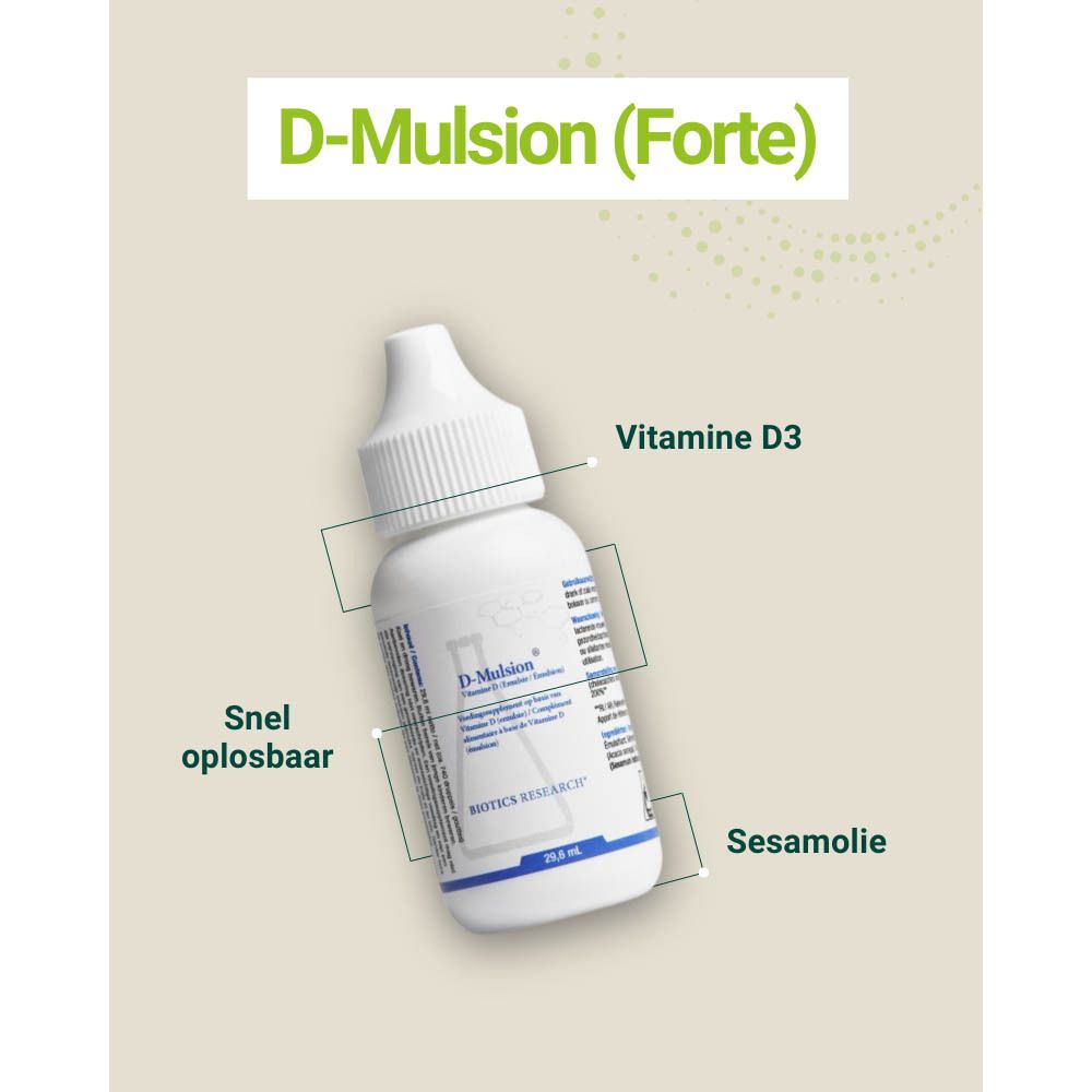 Productafbeelding met tekst. D-Mulsion (Forte). Opschriften: Vitamine D3, snel oplosbaar, sesamolie.
