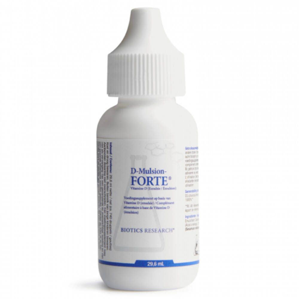 Flacon blanc avec compte-gouttes. Inscription : D-Mulsion-FORTE, vitamine D3. Marque : Biotics Research. 29,6 ml.