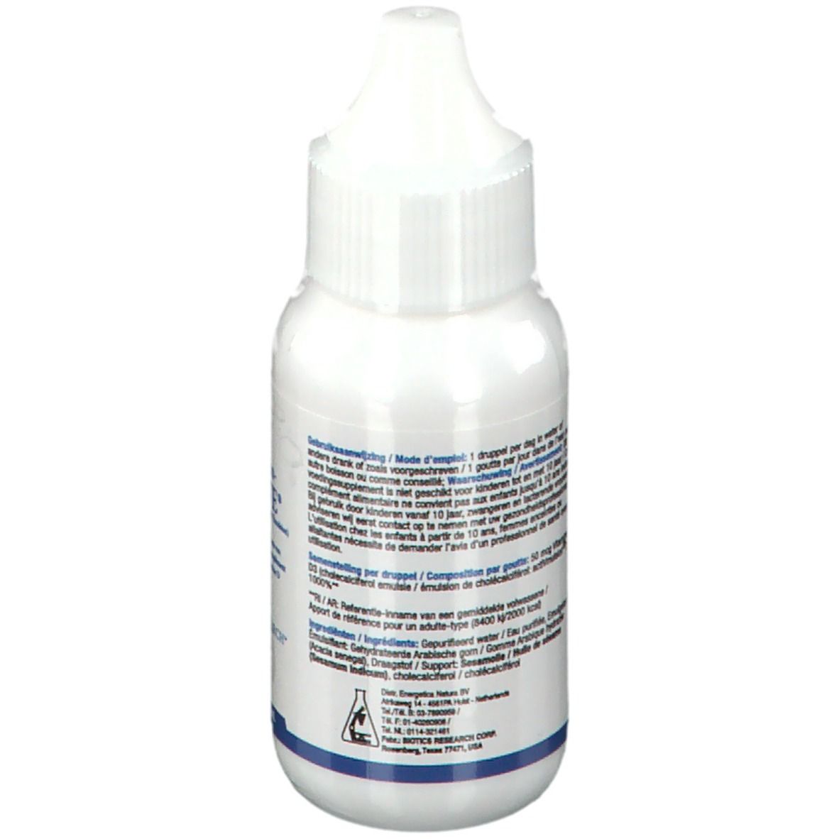 Dos du flacon blanc avec compte-gouttes. Texte multilingue. Marque : Biotics Research. 29,6 ml.