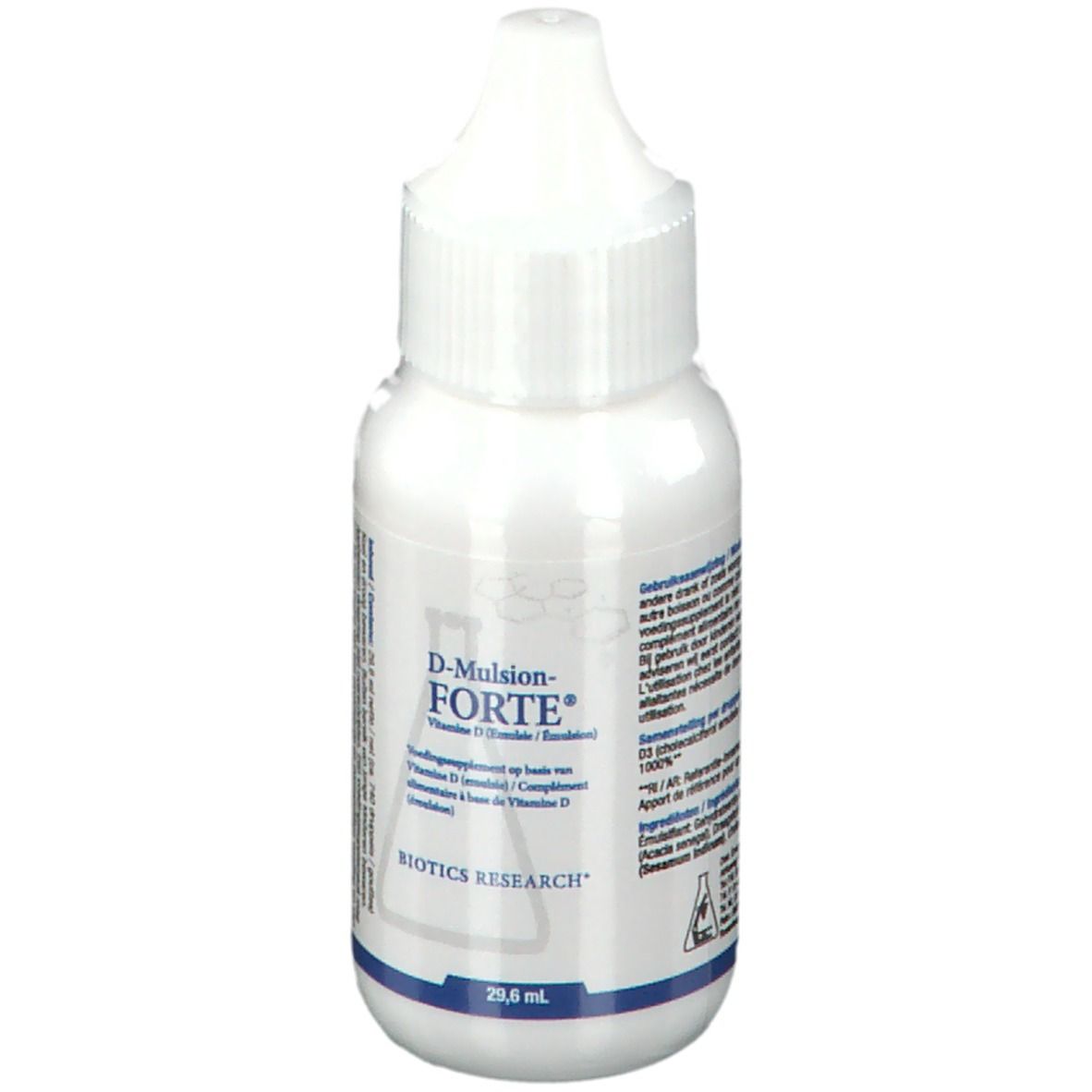 Flacon blanc avec compte-gouttes. Inscription : D-Mulsion-FORTE, vitamine D3. Marque : Biotics Research. 29,6 ml.