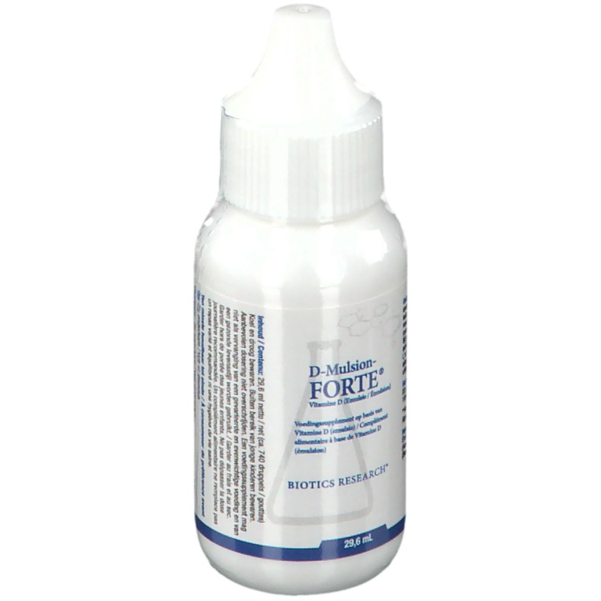 Flacon blanc avec compte-gouttes. Inscription : D-Mulsion-FORTE, vitamine D3. Marque : Biotics Research. 29,6 ml.
