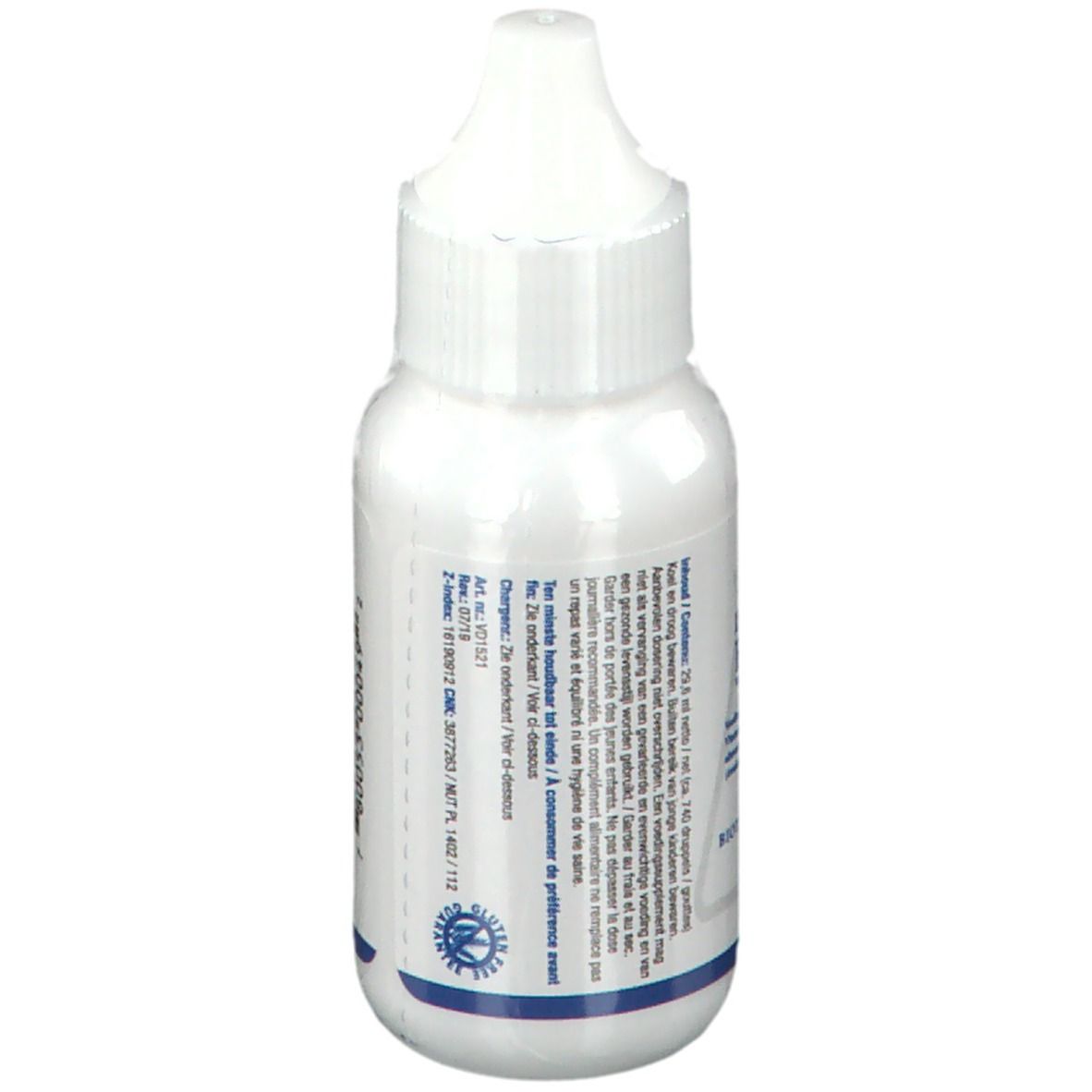 Dos du flacon blanc avec compte-gouttes. Texte multilingue. Marque : Biotics Research. 29,6 ml.