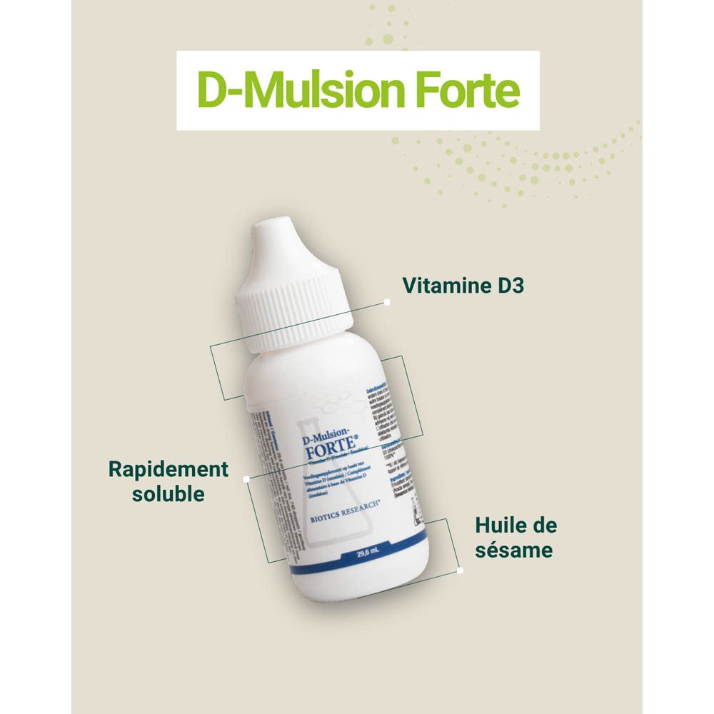 Graphique avec flacon D-Mulsion Forte. Vitamine D3, rapidement soluble, huile de sésame.