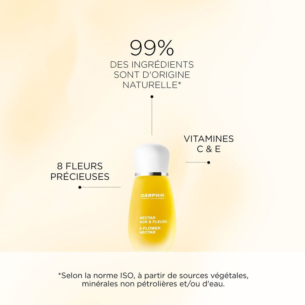 Produit avec infographie. Inscriptions: Darphin. 99% ingrédients naturels. Vitamines C & E.
