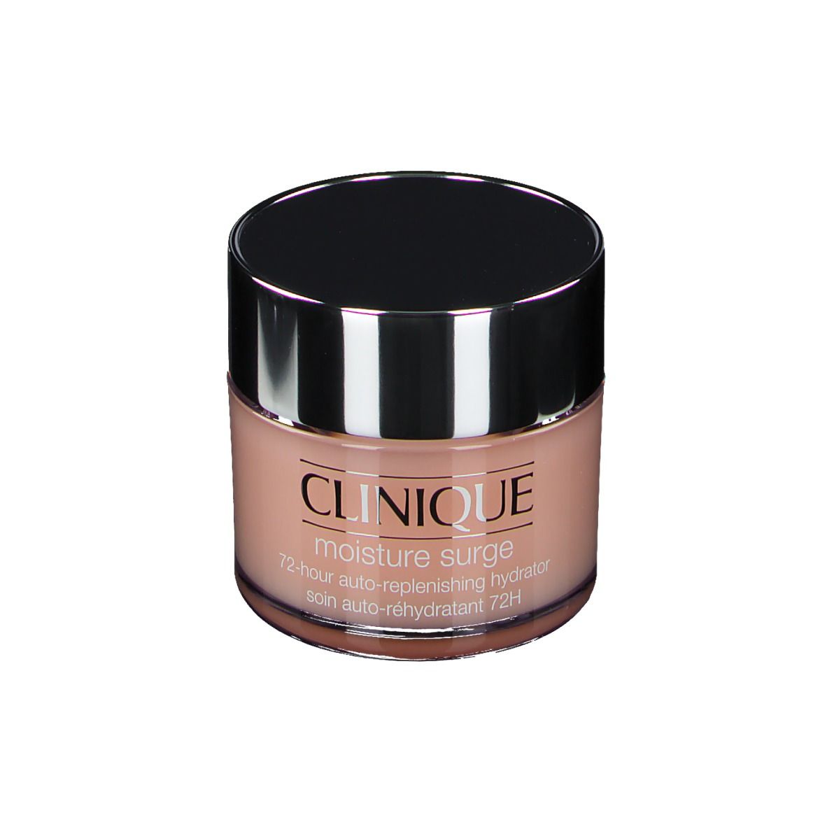 Pot rond avec couvercle noir. Inscription CLINIQUE moisture surge. Contenu rose visible.