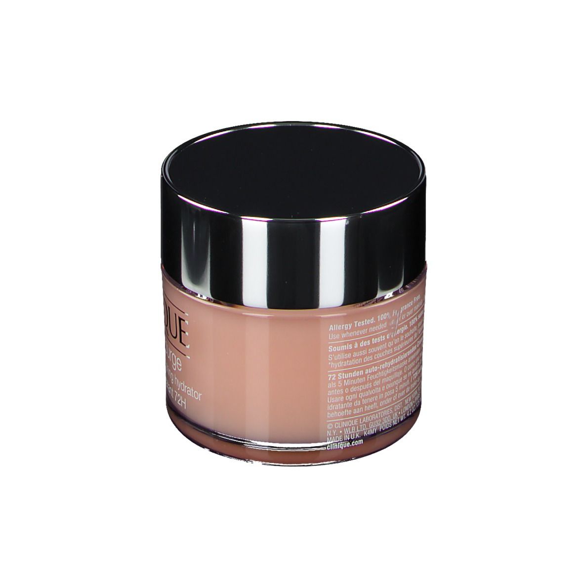 Pot rond avec couvercle noir. Inscription CLINIQUE moisture surge. Contenu rose visible.
