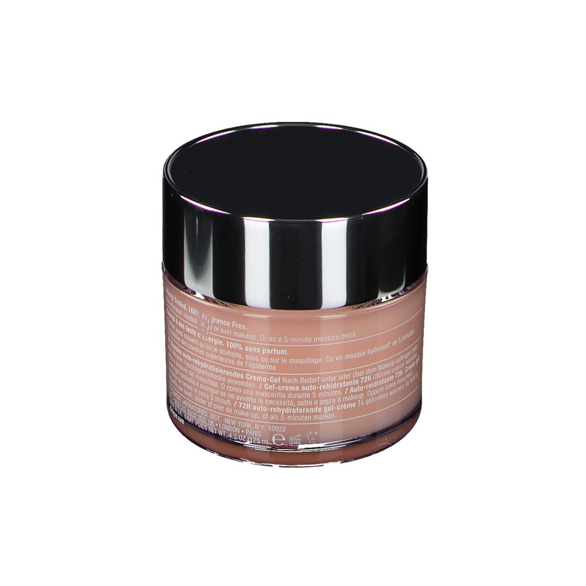 Pot rond avec couvercle noir. Inscription CLINIQUE moisture surge. Contenu rose visible.