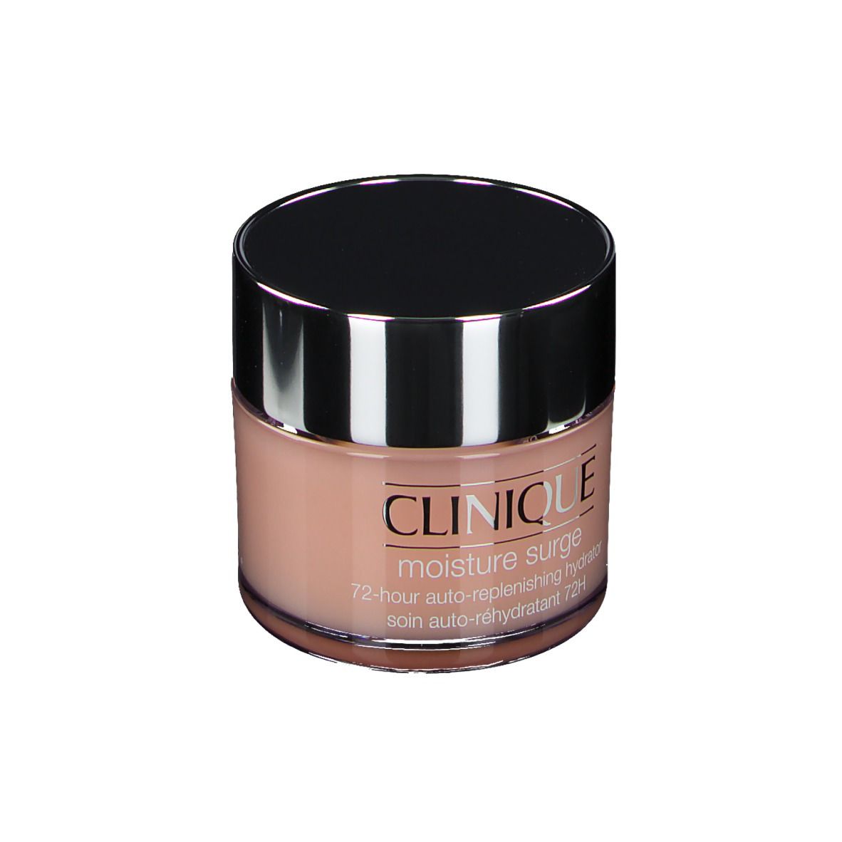 Pot rond avec couvercle noir. Inscription CLINIQUE moisture surge. Contenu rose visible.
