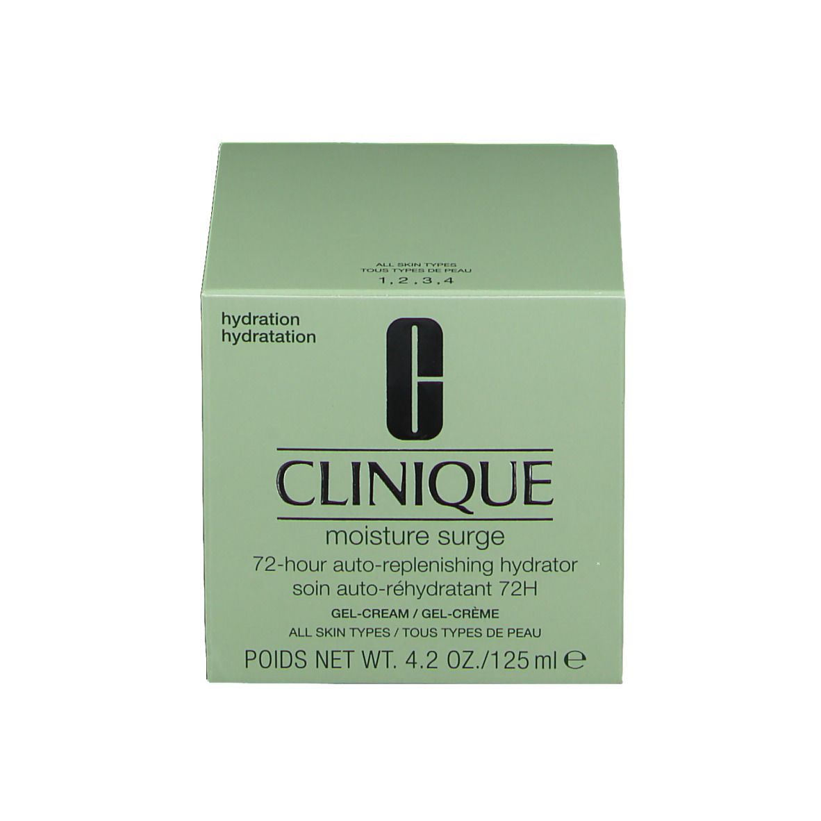 Boîte verte avec inscription CLINIQUE moisture surge. Texte: 4.2 oz./125 ml.