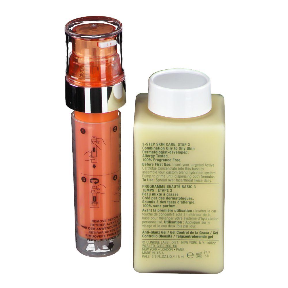 Deux flacons. Une pompe orange, un flacon jaune. Texte sur les deux flacons. Le flacon jaune indique '3-STEP SKIN CARE'.