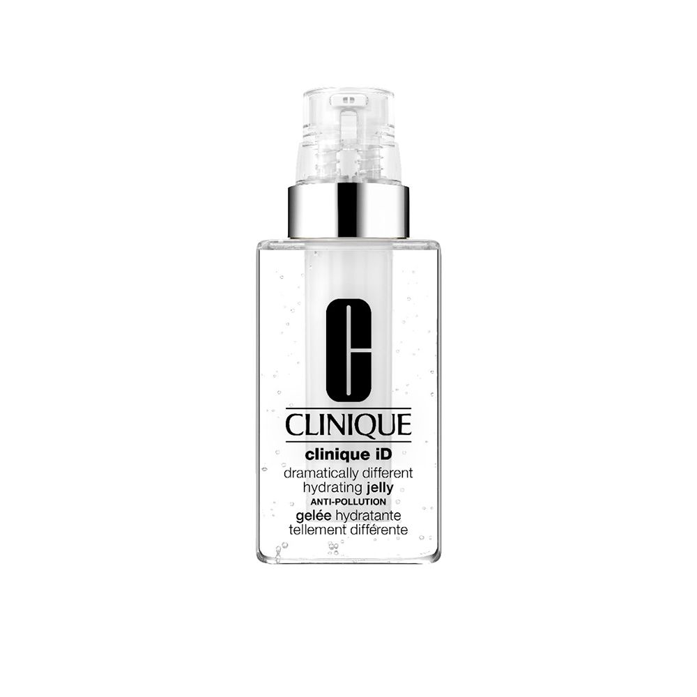 Flacon transparent avec pompe. Inscription: CLINIQUE iD, Hydrating Jelly. Anti-Pollution.