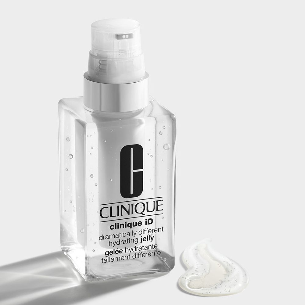 Flacon transparent avec pompe et goutte de gel. Inscription: CLINIQUE iD, Hydrating Jelly.