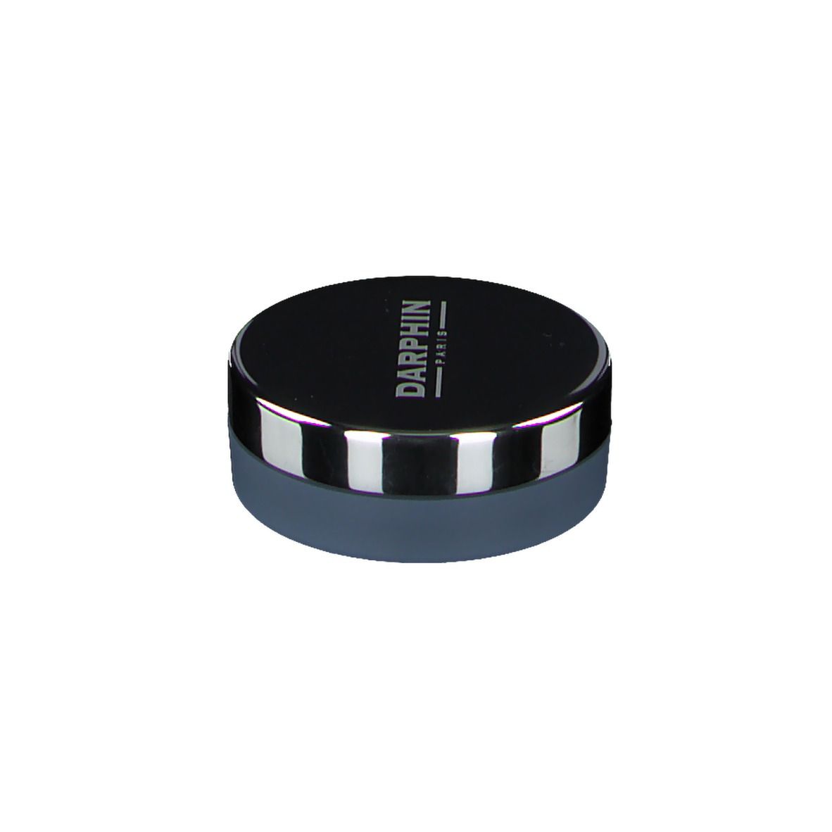 Contenant rond gris avec bord argenté et couvercle noir. Logo DARPHIN sur le couvercle.