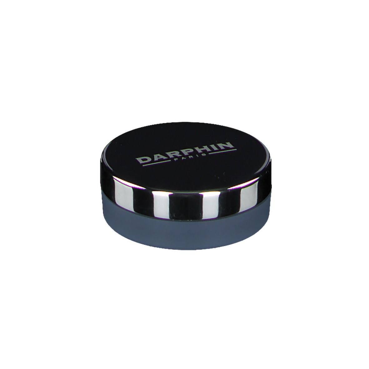 Contenant rond gris avec bord argenté et couvercle noir. Logo DARPHIN sur le couvercle.