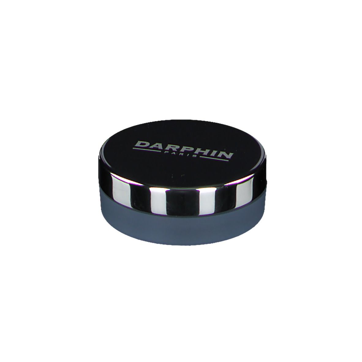 Contenant rond gris avec bord argenté et couvercle noir. Logo DARPHIN sur le couvercle.