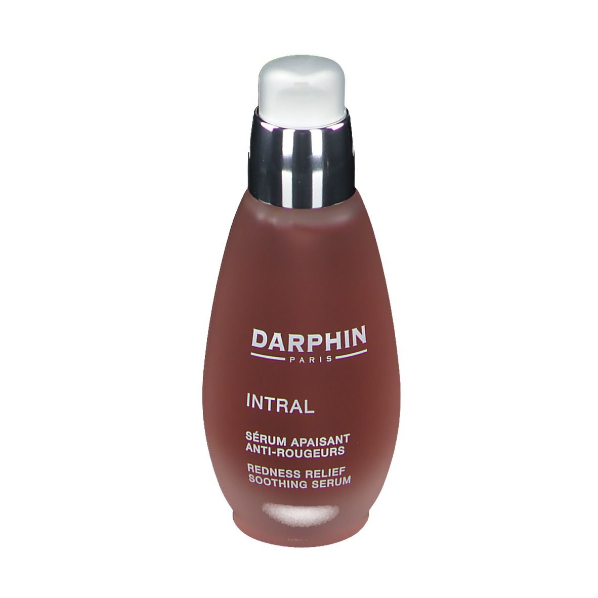 Flacon de sérum rouge avec pompe argentée. Inscription : DARPHIN, INTRAL, Sérum apaisant anti-rougeurs, Redness Relief Soothing Serum.