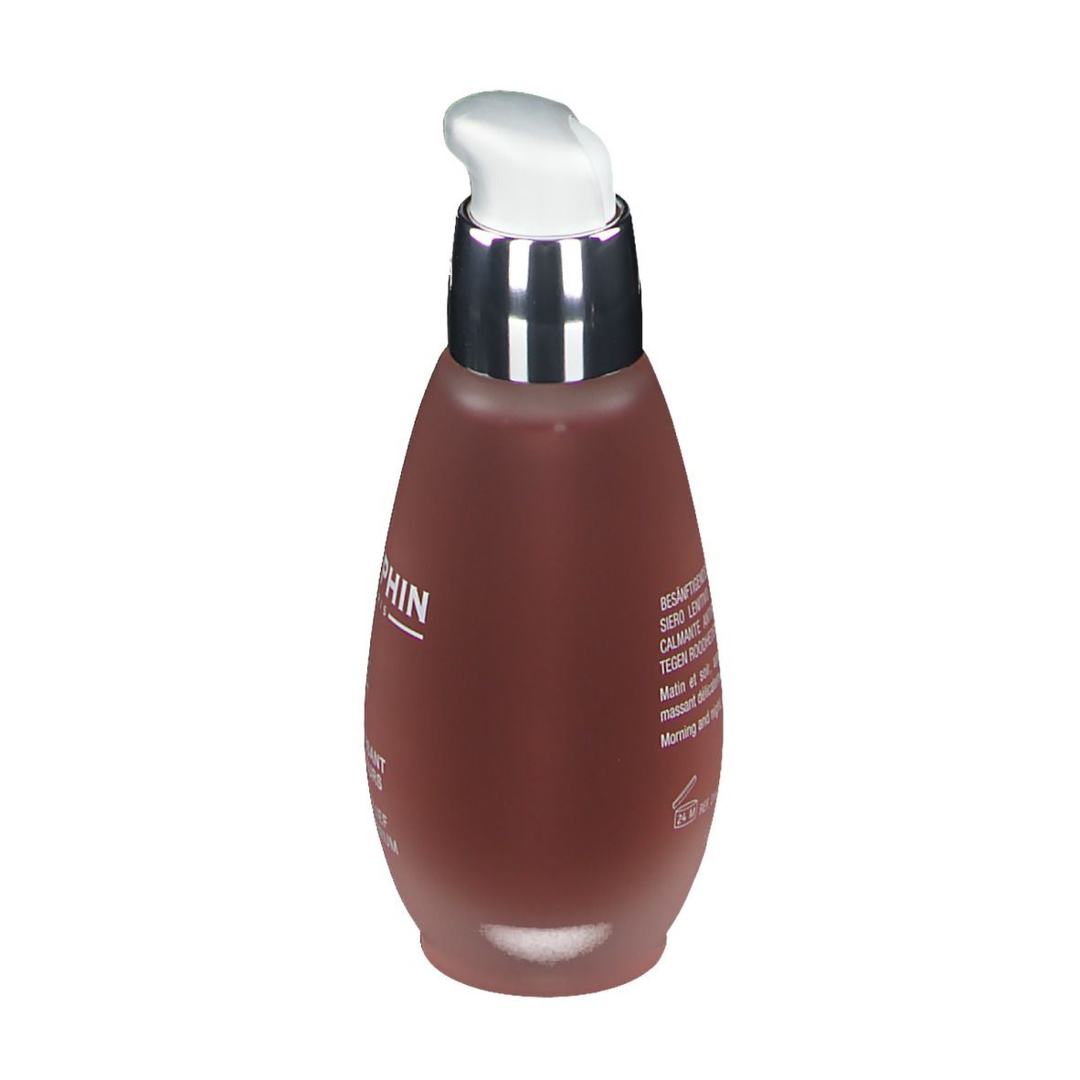 Flacon de sérum rouge avec pompe argentée. Inscription au dos. Texte multilingue.
