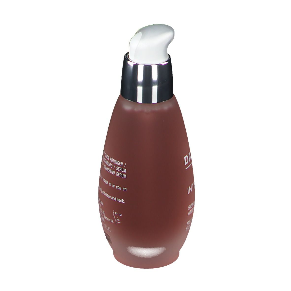 Flacon de sérum rouge avec pompe argentée. Inscription au dos. Texte multilingue.