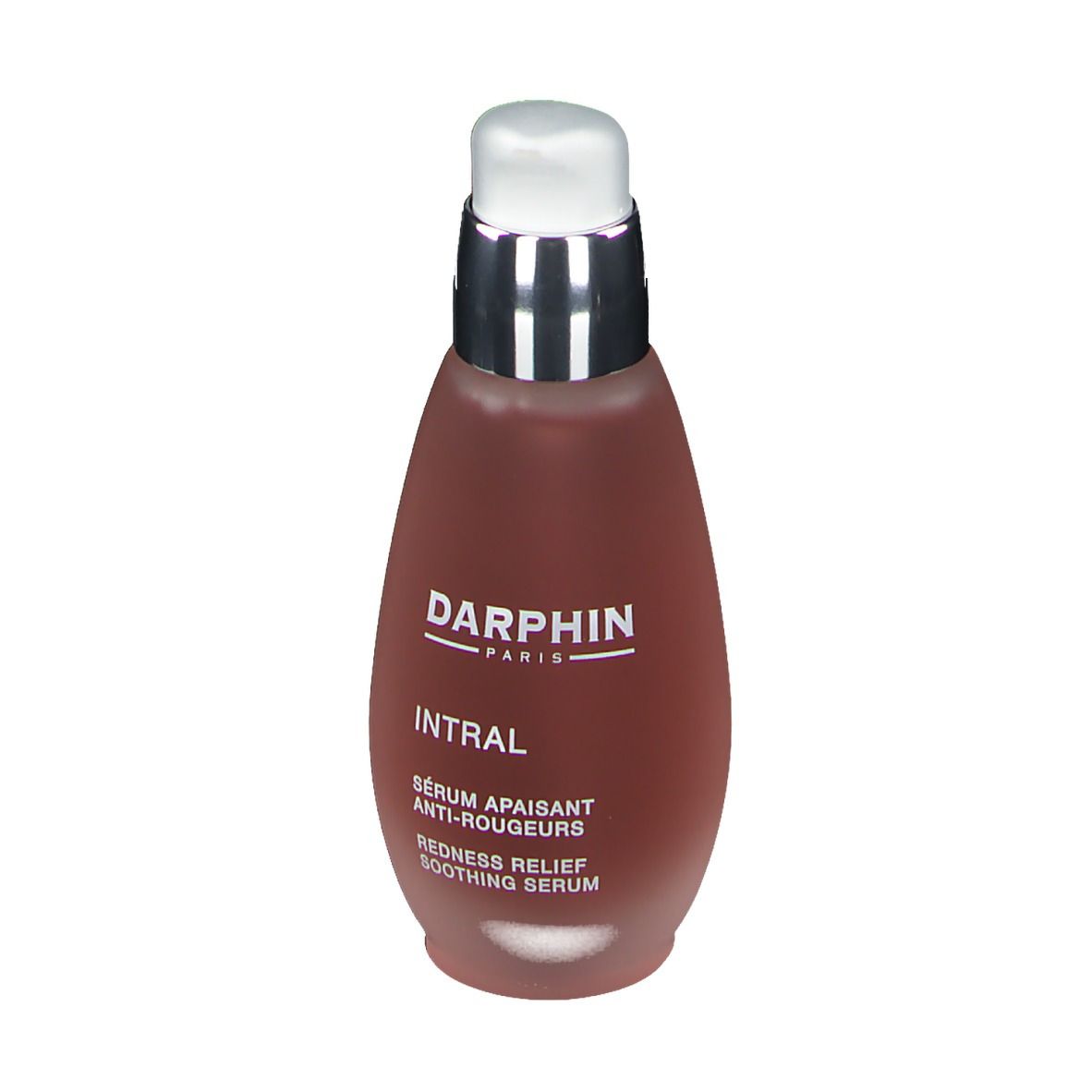 Flacon de sérum rouge avec pompe argentée. Inscription : DARPHIN, INTRAL, Sérum apaisant anti-rougeurs, Redness Relief Soothing Serum.