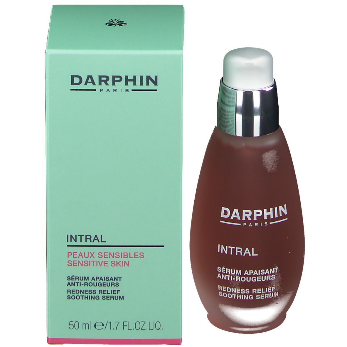 Flacon de sérum et boîte. Inscription : DARPHIN, INTRAL, Peaux sensibles sensitive skin, Sérum apaisant anti-rougeurs, Soothing Serum.