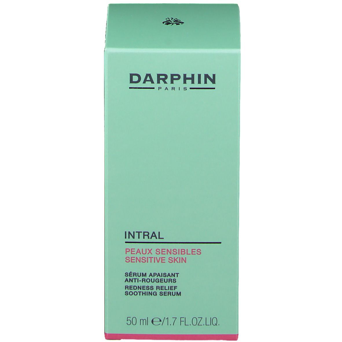 Boîte verte. Inscription : DARPHIN, INTRAL, Peaux sensibles sensitive skin, Sérum apaisant anti-rougeurs, Soothing Serum.