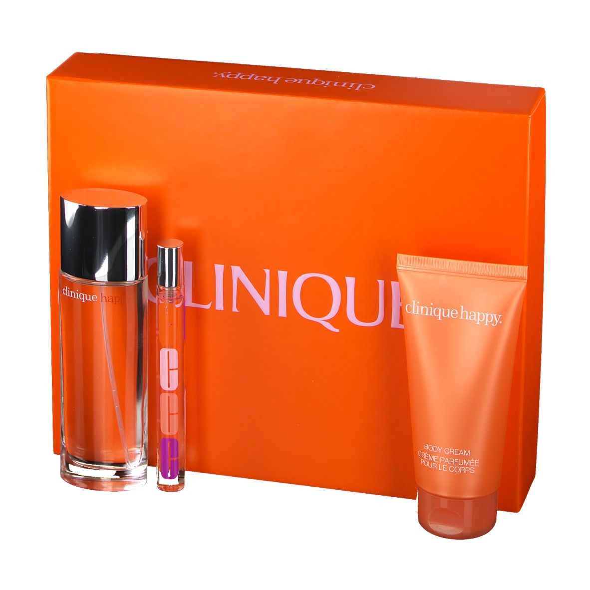 Oranje geschenkverpakking met parfumfles, roll-on en bodycrème. Productnaam Clinique Happy.