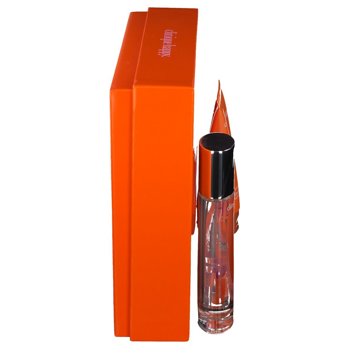 Oranje geschenkverpakking met parfumfles en bodycrème. Zwarte dop op de parfumfles. Productnaam niet zichtbaar.