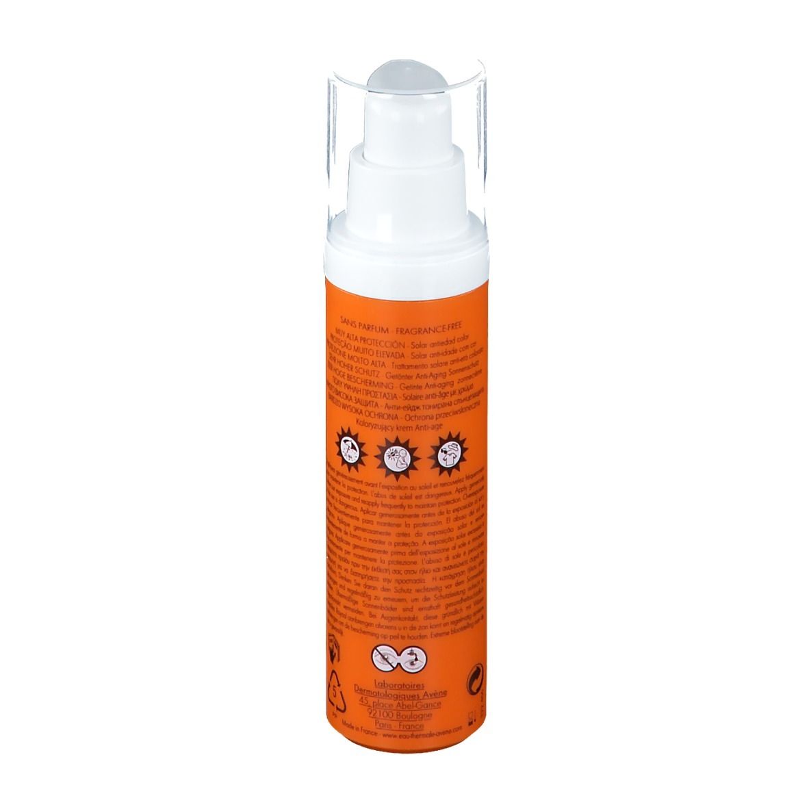 Avene Solaire Anti-Age getönt LSF 50+ Flasche. Orange-weiß, mit Dosierkopf. Text auf der Seite, Sonnen-Symbole.