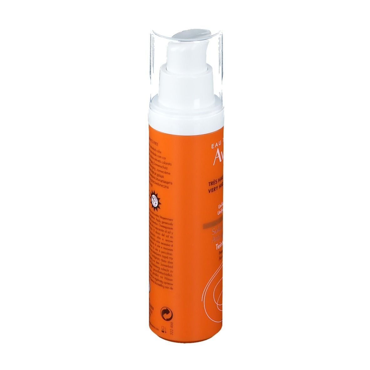 Avene Solaire Anti-Age getönt LSF 50+ Flasche. Orange-weiß, mit Dosierkopf. Text auf der Seite, Sonnen-Symbol.