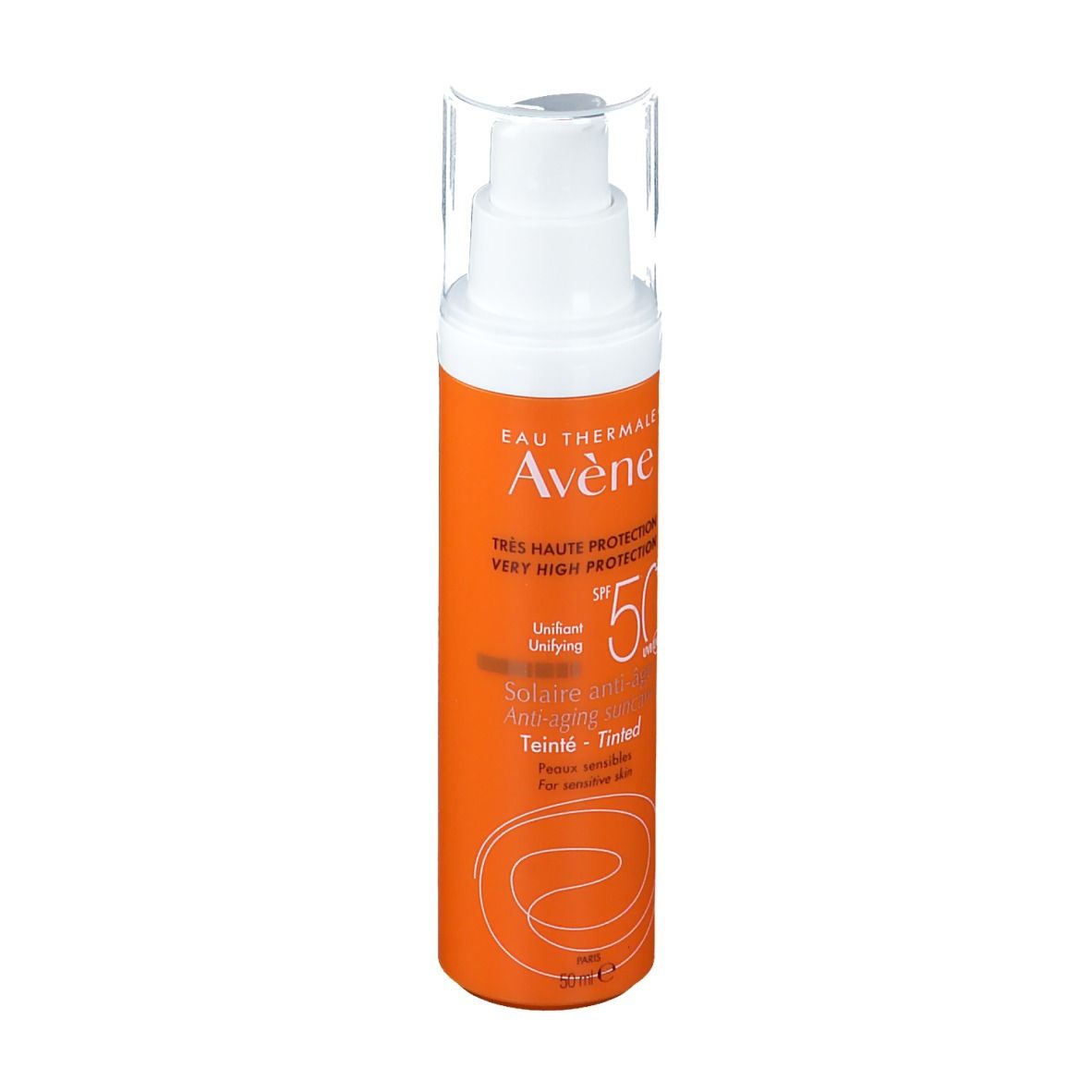 Avene Solaire Anti-Age getönt LSF 50+ Flasche. Orange-weiß, mit Dosierkopf. Text: Très haute protection, SPF 50+, Teinté - Tinted.